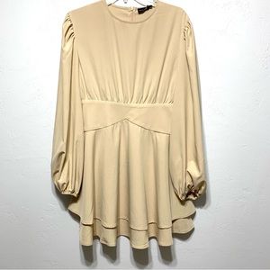 NWT PRETTYLITTLETHING Stone Woven Binding Waist Puff Long Sleeve Shift Dress 8